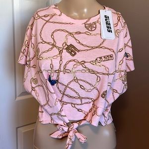 GUESS Pink Color Gold Chain Blue Butterfly Print Crop Cap Sleeve Top With Tie S